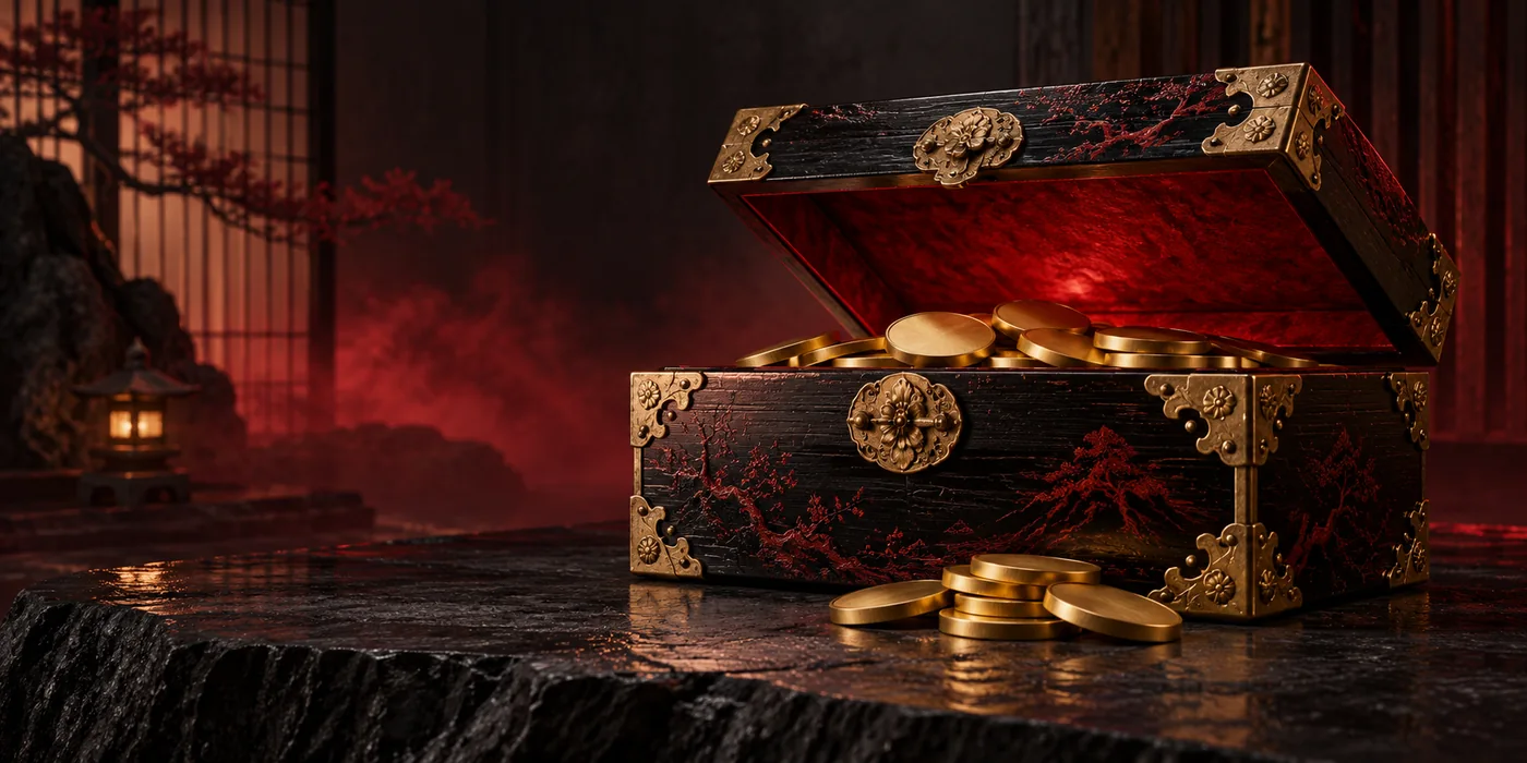 Original Japanese treasure chest with gold coins in a crimson-lit room