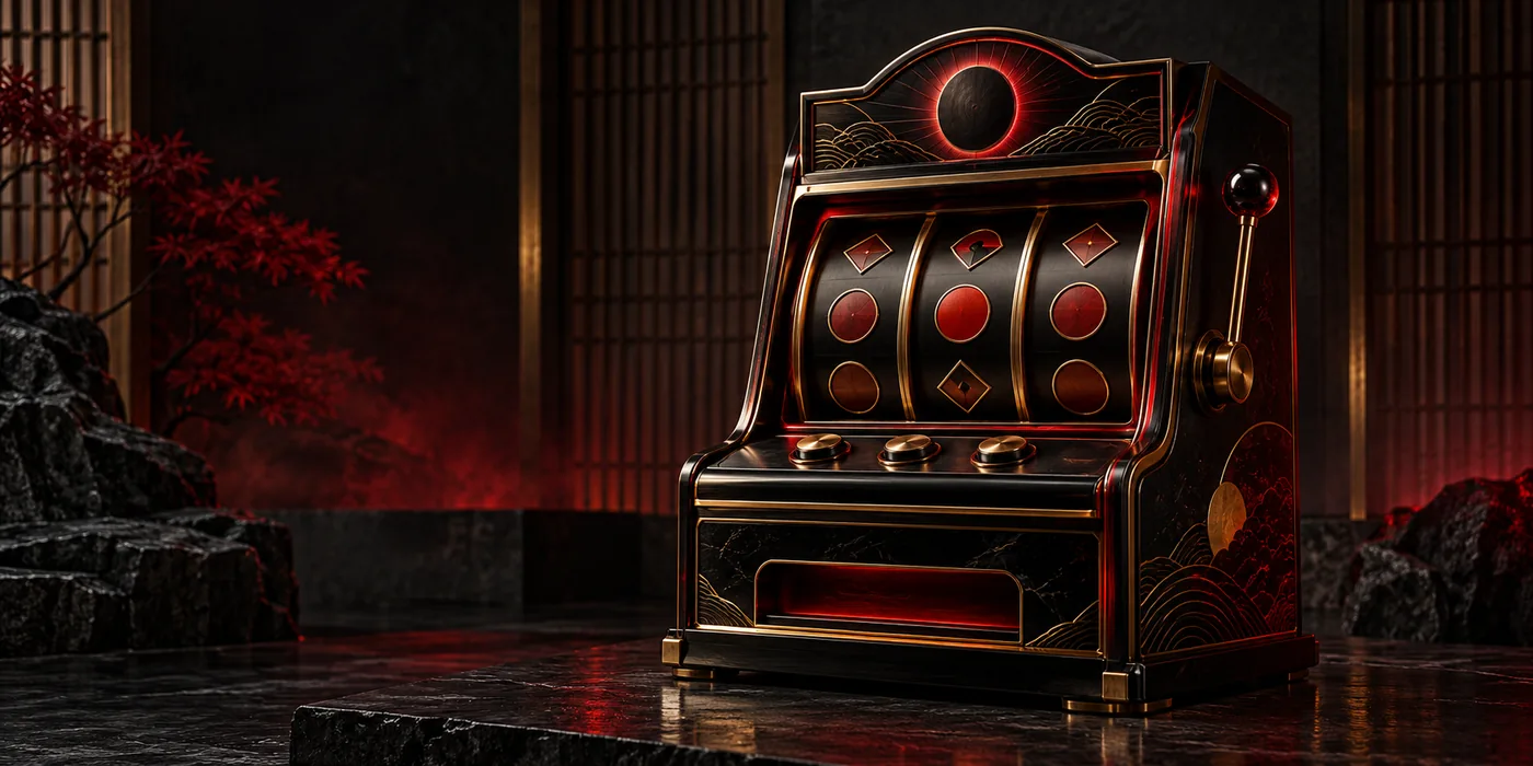 Original premium slot-machine composition with crimson lighting and metallic Japanese-inspired details