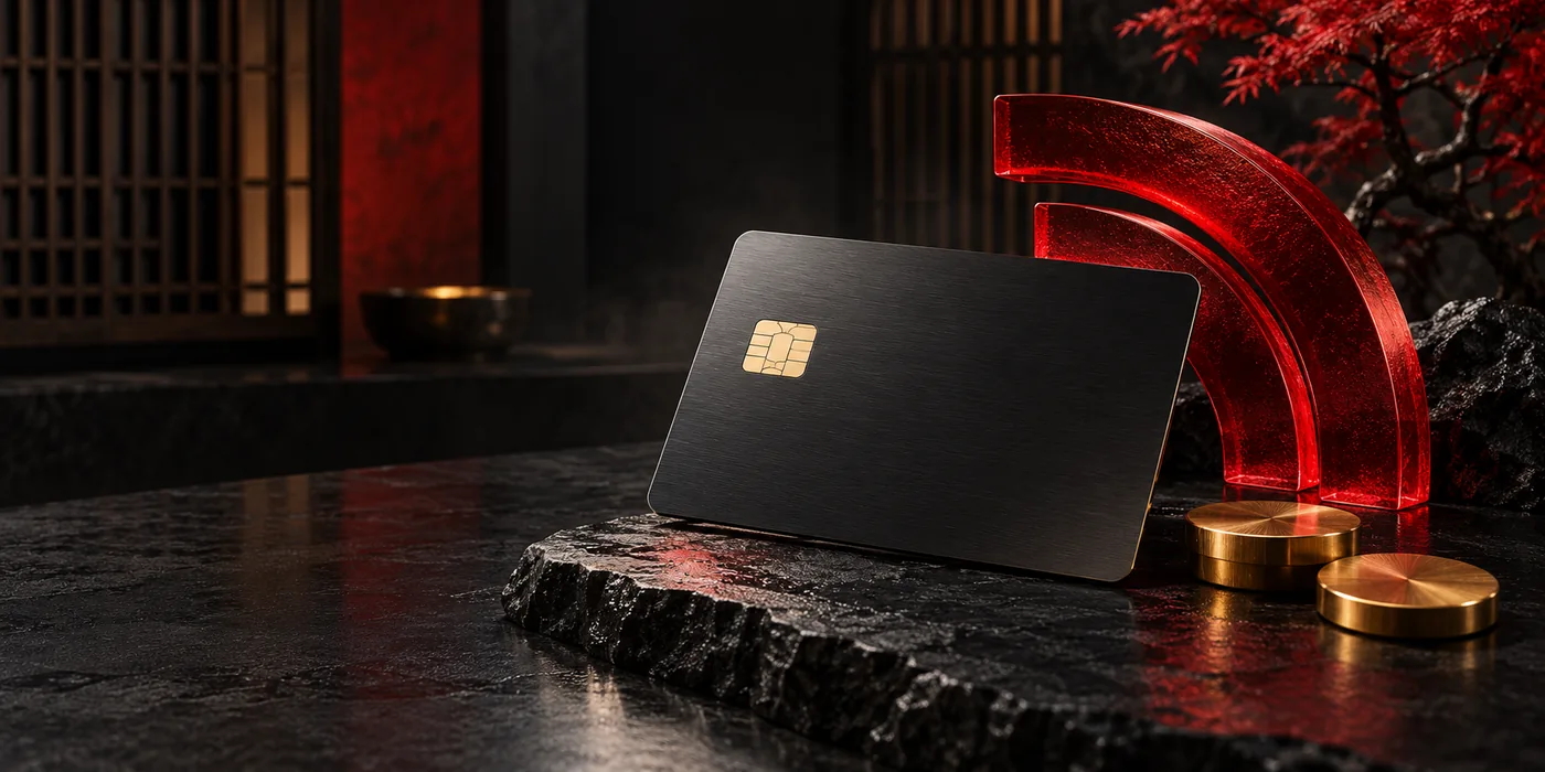 Original banking and cryptocurrency symbols arranged in a dark crimson-lit Japanese-inspired scene
