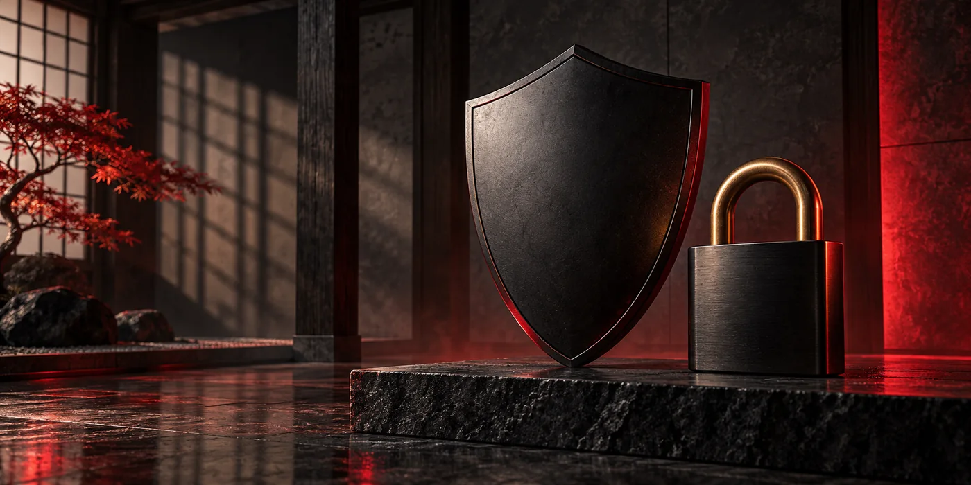 A sculpted metal shield and lock in a dark Japanese-inspired setting with crimson light
