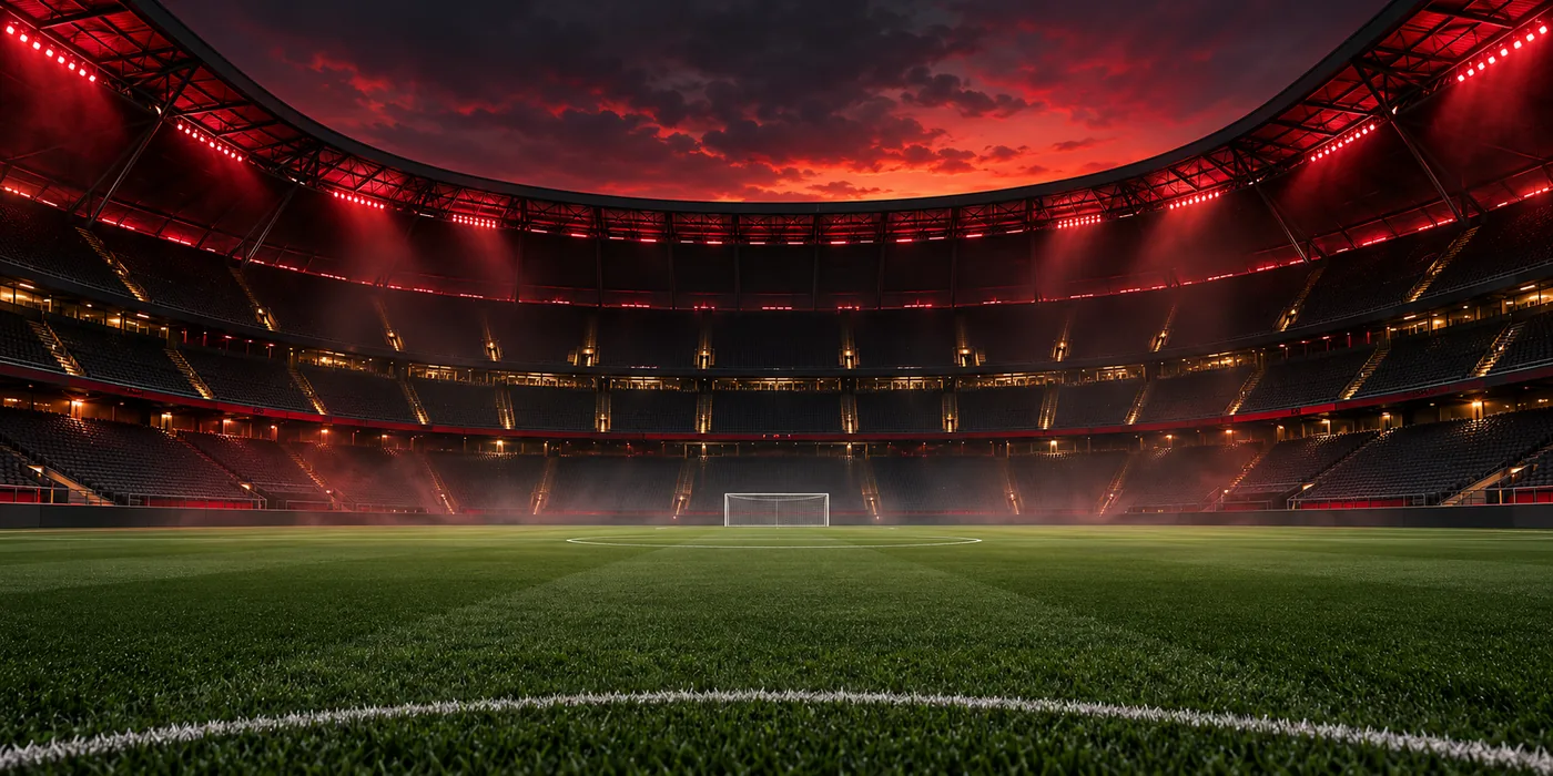 Original dark sports stadium with vivid crimson lighting and an illuminated pitch