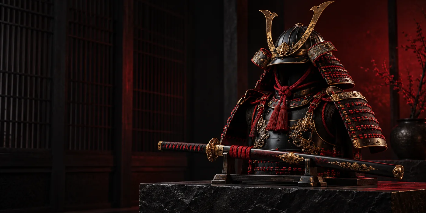 Original ornate samurai armour with restrained gold details and crimson lighting